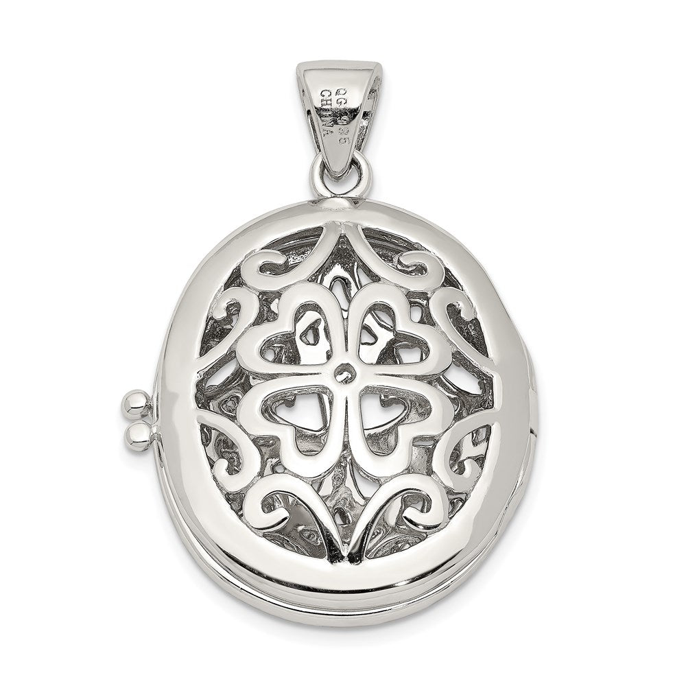 Sterling Silver Rhodium-plated CZ Fancy Filigree Oval 22mm Locket QP1454