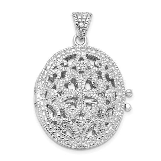 Sterling Silver Rhodium-plated CZ Fancy Filigree Oval 22mm Locket QP1454