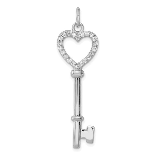 Sterling Silver Rhodium-plated CZ Heart Key Pendant QP1550