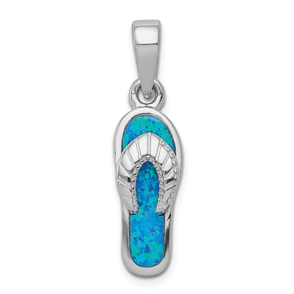 Sterling Silver Rhodium-plated Polished Created Blue Inlay Opal Sandal Pendant QP1887