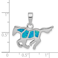 Sterling Silver Rhod-plated Created Blue Opal Inlay Horse Pendant QP1889
