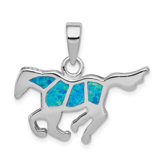 Sterling Silver Rhod-plated Created Blue Opal Inlay Horse Pendant QP1889