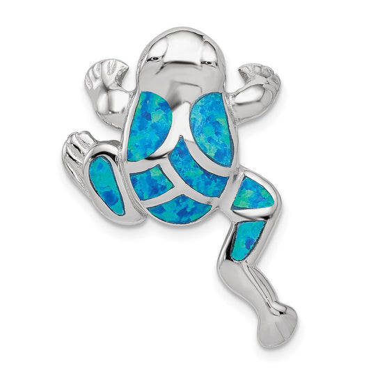 Sterling Silver Rhod-plated Created Blue Opal Inlay Frog Slide Pendant QP1890