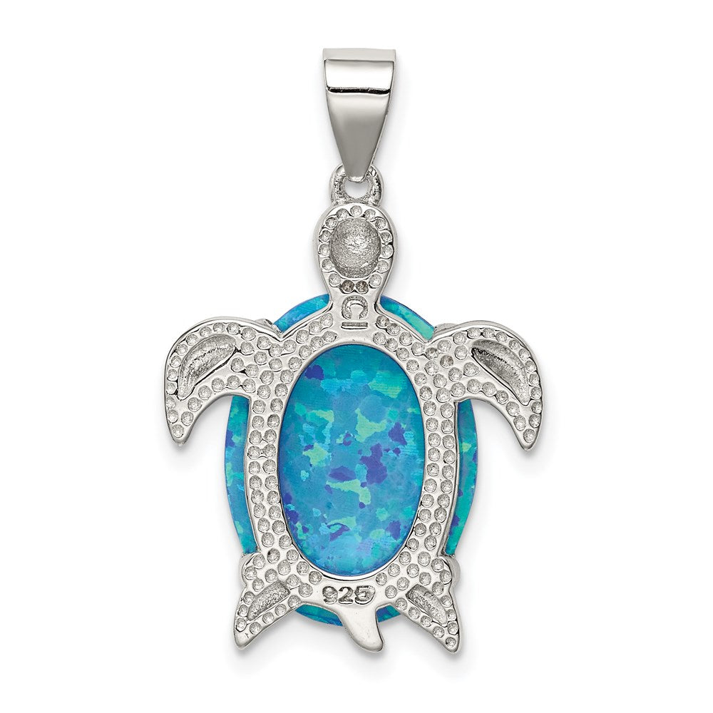 Sterling Silver Rhodium-plated Polished Created Blue Opal Inlay Sea Turtle Pendant QP1891
