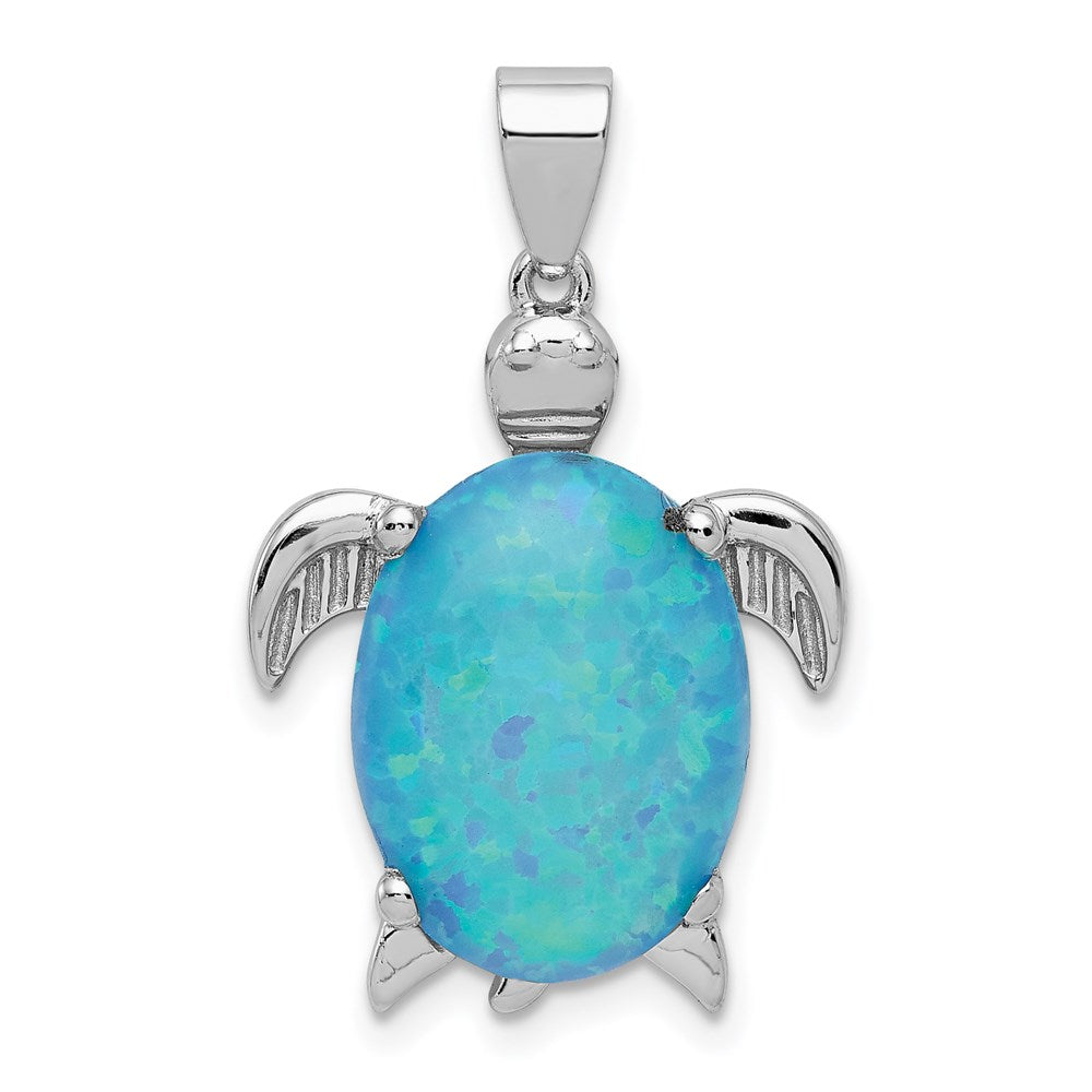 Sterling Silver Rhodium-plated Polished Created Blue Opal Inlay Sea Turtle Pendant QP1891