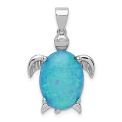 Sterling Silver Rhodium-plated Polished Created Blue Opal Inlay Sea Turtle Pendant QP1891