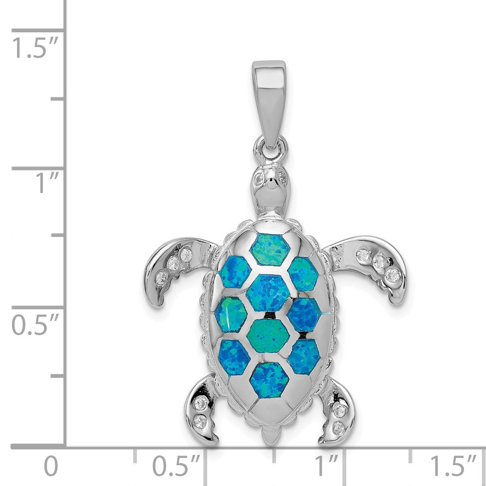 Sterling Silver Rhod-plated Created Blue Opal Inlay/CZ Tortoise Pendant QP1892