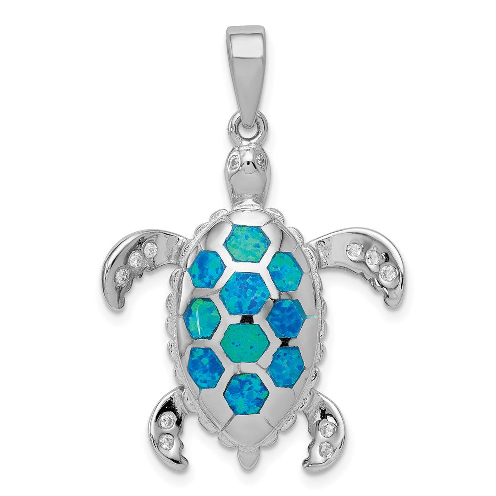 Sterling Silver Rhod-plated Created Blue Opal Inlay/CZ Tortoise Pendant QP1892