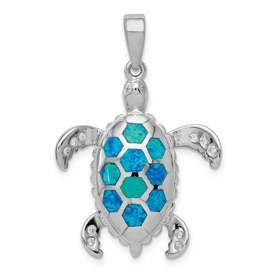Sterling Silver Rhod-plated Created Blue Opal Inlay/CZ Tortoise Pendant QP1892