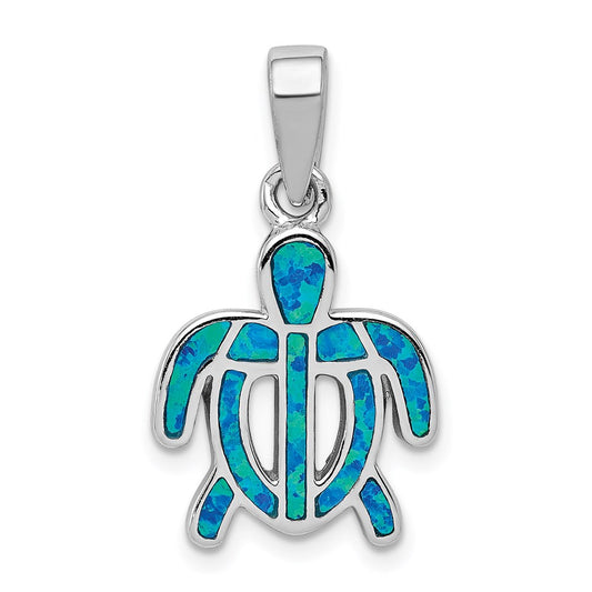 Sterling Silver Rhodium-plated Polished Created Blue Opal Inlay Tortoise Pendant QP1893