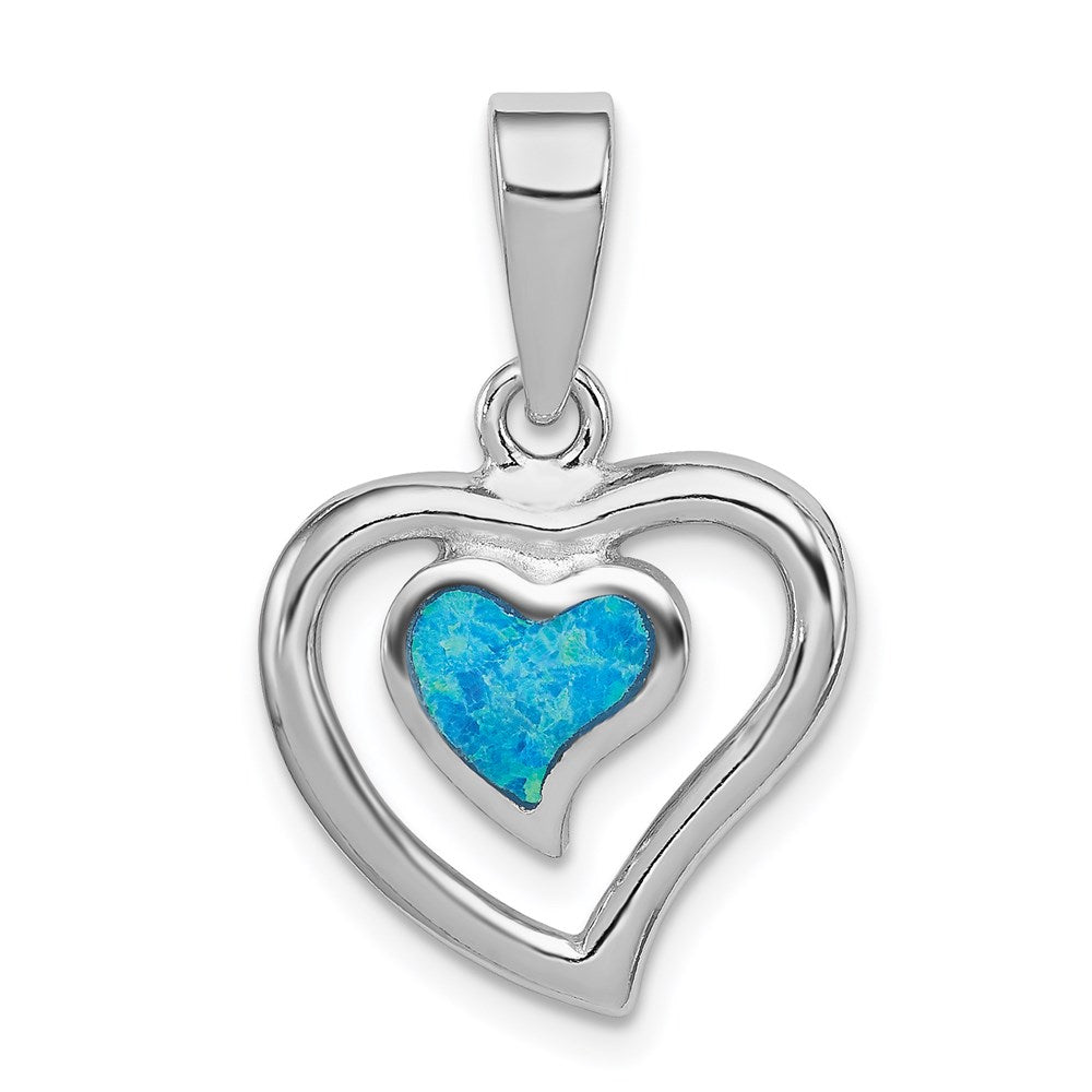Sterling Silver Rhodium-plated Created Blue Opal Inlay Heart Pendant QP1894
