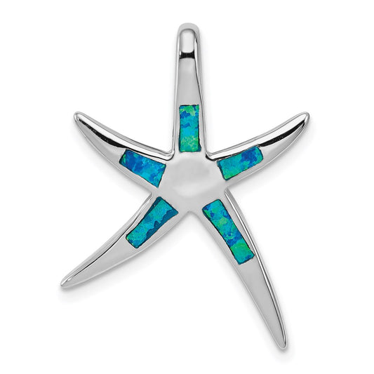 Sterling Silver Rhodium-plated Created Blue Opal Inlay Flat Starfish Slide QP1895