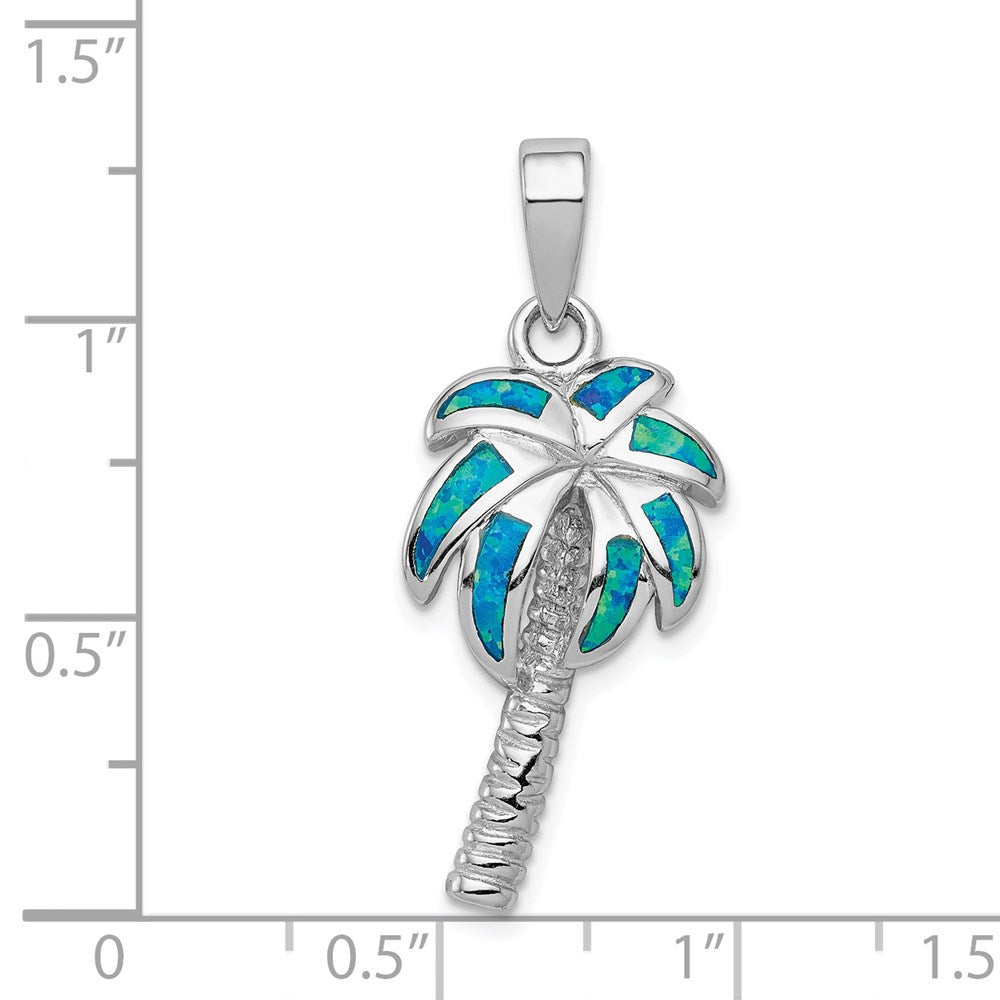 Sterling Silver Rhodium-plated Created Blue Opal Inlay Palm Tree Pendant QP1896