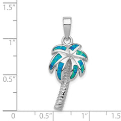 Sterling Silver Rhodium-plated Created Blue Opal Inlay Palm Tree Pendant QP1896