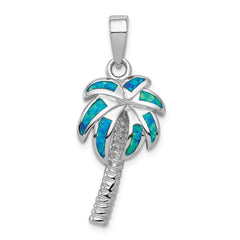 Sterling Silver Rhodium-plated Created Blue Opal Inlay Palm Tree Pendant QP1896