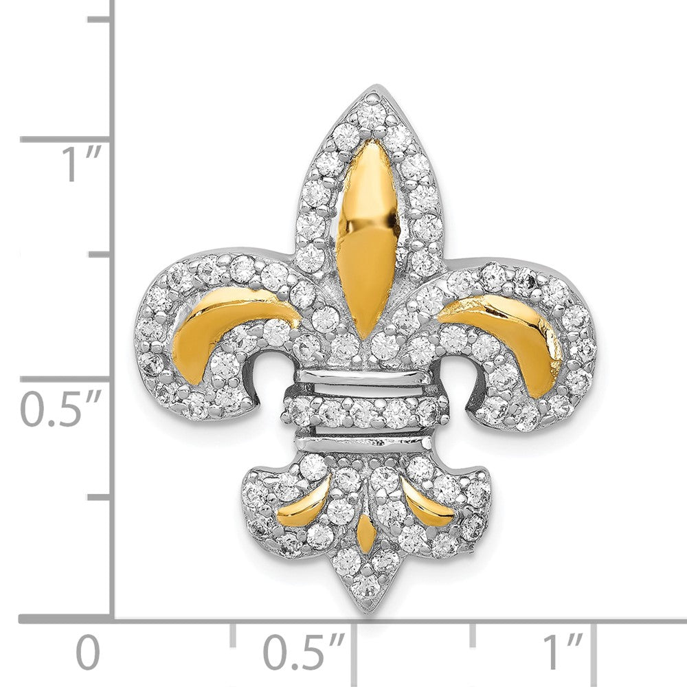Sterling Silver CZ Fleur de Lis w/ Flash Gold-Plated Chain Slide Pendant QP1952