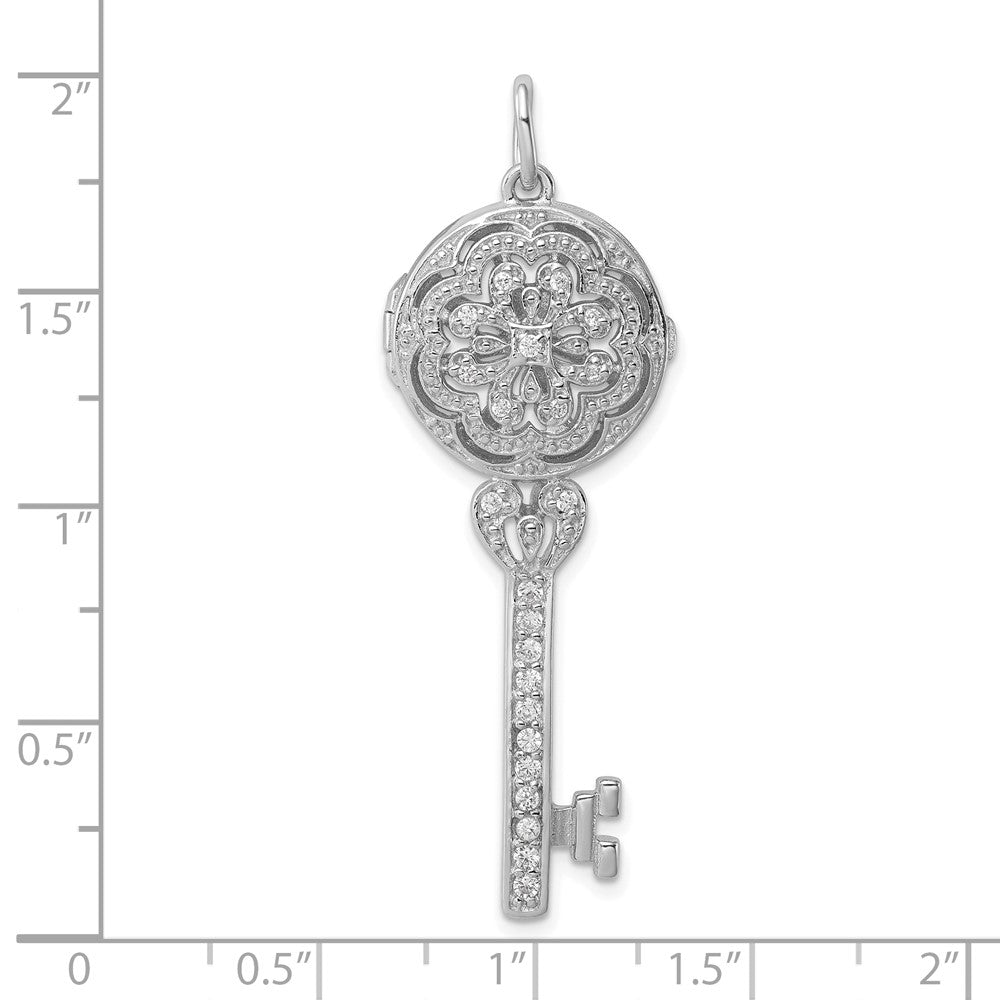 Sterling Silver Rhodium-plated CZ Filigree Locket Key Pendant QP2033