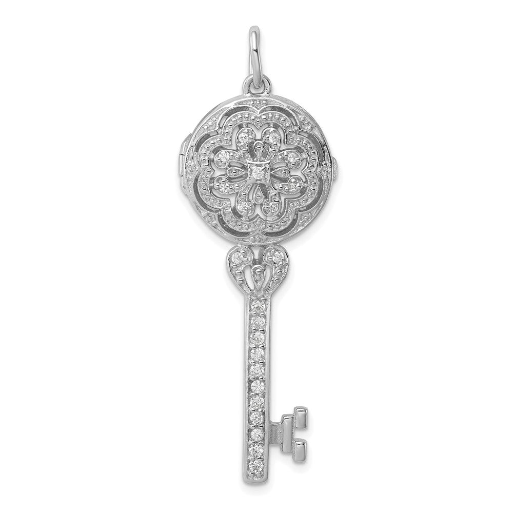 Sterling Silver Rhodium-plated CZ Filigree Locket Key Pendant QP2033