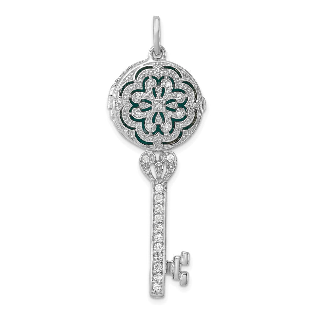 Sterling Silver Rhodium-plated CZ Filigree Enameled Top Key Locket Pendant QP2035
