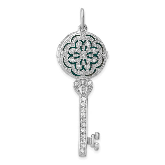 Sterling Silver Rhodium-plated CZ Filigree Enameled Top Key Locket Pendant QP2035