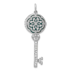 Sterling Silver Rhodium-plated CZ Filigree Enameled Top Key Locket Pendant QP2035