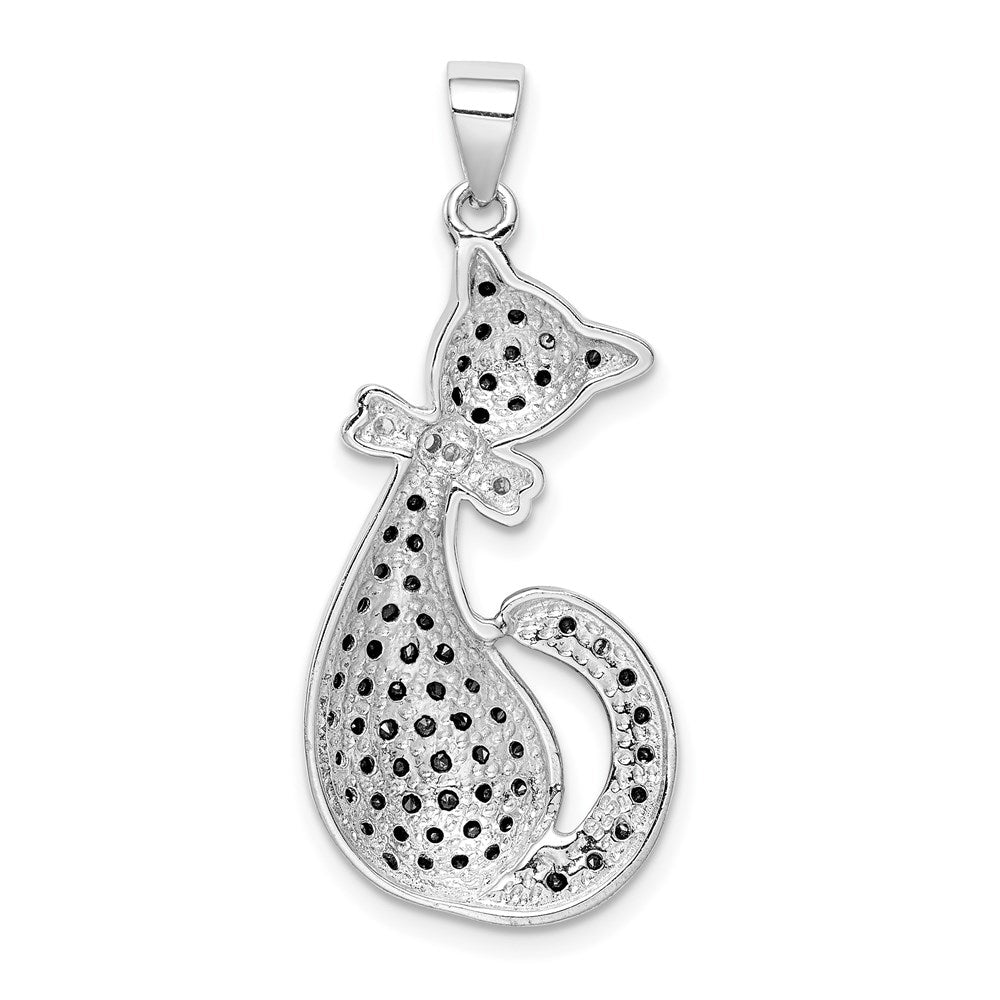 Sterling Silver Rhodium-plated Black & White CZ Cat with Bow Pendant QP2112
