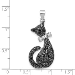 Sterling Silver Rhodium-plated Black & White CZ Cat with Bow Pendant QP2112