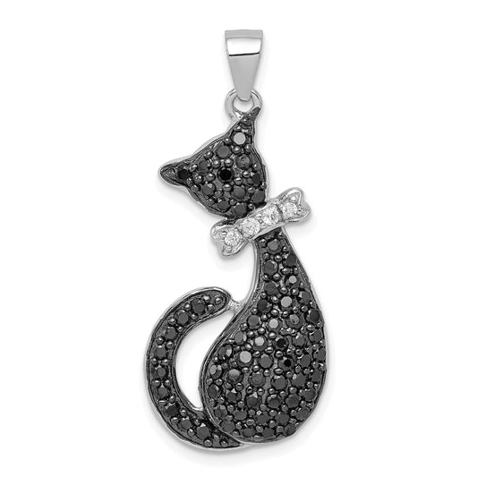 Sterling Silver Rhodium-plated Black & White CZ Cat with Bow Pendant QP2112