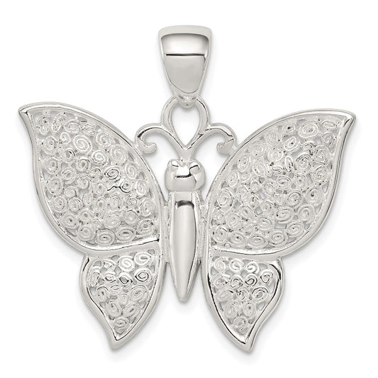 Sterling Silver Rhodium-plated Polished/Textured Butterfly Pendant QP2139