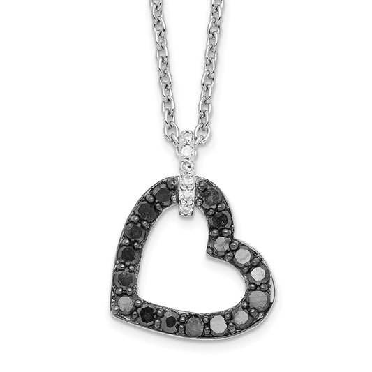 White Night Sterling Silver Rhodium-plated Black and White Diamond Heart Necklace with 2 Inch Extender QP2162