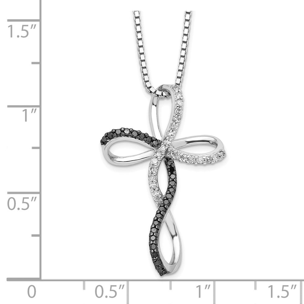 White Night Sterling Silver Rhodium-plated Black and White Diamond Cross 18 Inch Necklace with 2 Inch Extender QP2173