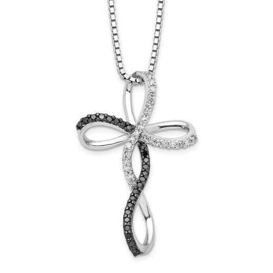 White Night Sterling Silver Rhodium-plated Black and White Diamond Cross 18 Inch Necklace with 2 Inch Extender QP2173