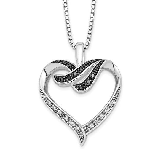 White Night Sterling Silver Rhodium-plated Black and White Diamond Heart 18 Inch Necklace with 2 Inch Extender QP2174