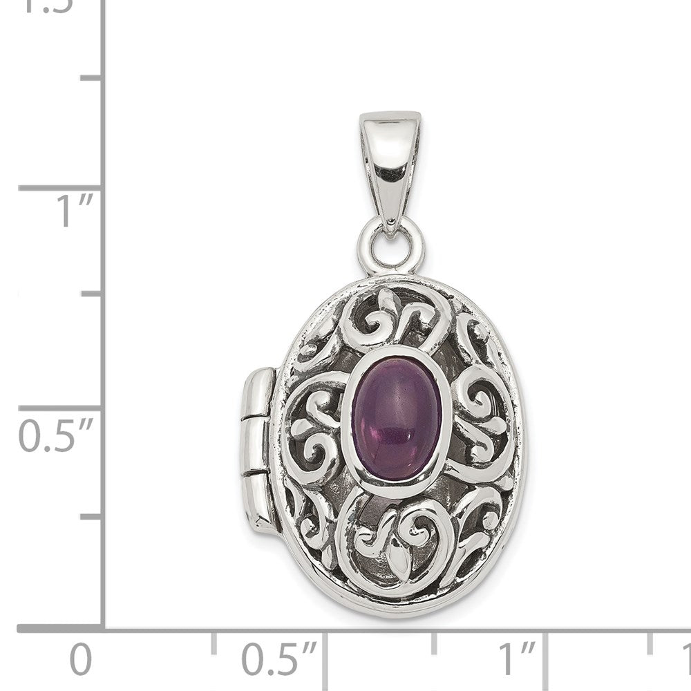 Sterling Silver Rhodium-plated and Antiqued Amethyst Locket QP228