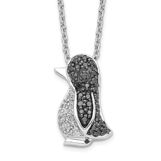 White Night Sterling Silver Rhodium-plated Black and White Diamond Penguin 18 Inch Necklace with 2 Inch Extender QP2286