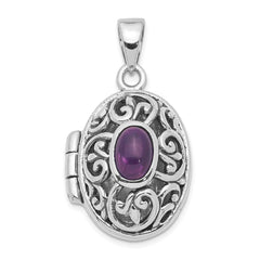 Sterling Silver Rhodium-plated and Antiqued Amethyst Locket QP228