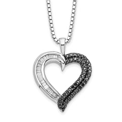 White Night Sterling Silver Rhodium-plated Black and White Diamond Heart 18 Inch Necklace with 2 Inch Extender QP2290
