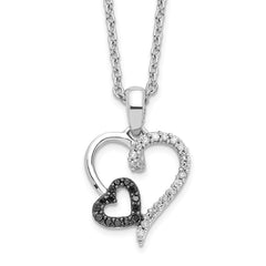 White Night Sterling Silver Rhodium-plated Black and White Diamond Double Heart 18 Inch Necklace with 2 Inch Extender QP2304