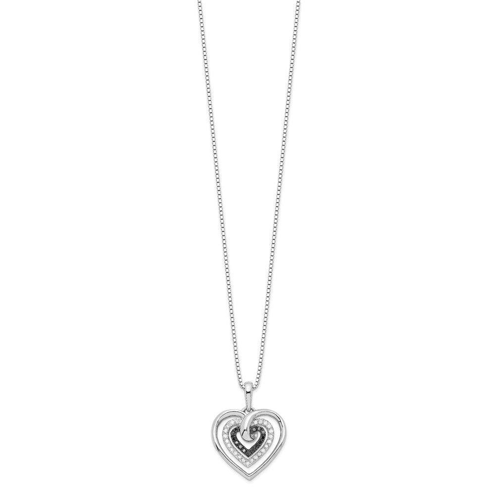 White Night Sterling Silver Rhodium-plated Black and White Diamond Triple Heart 18 Inch Necklace with 2 Inch Extender QP2309