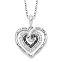 White Night Sterling Silver Rhodium-plated Black and White Diamond Triple Heart 18 Inch Necklace with 2 Inch Extender QP2309