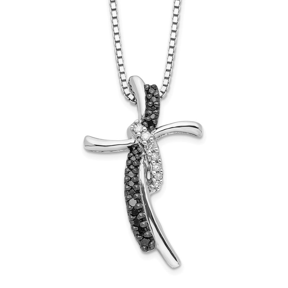 White Night Sterling Silver Rhodium-plated Black and White Diamond Cross 18 Inch Necklace with 2 Inch Extender QP2313