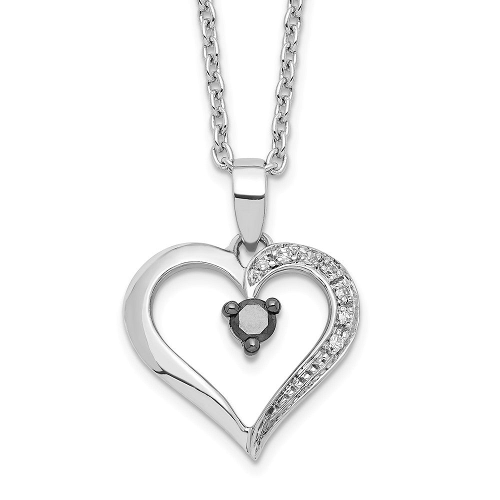 White Night Sterling Silver Rhodium-plated Black and White Diamond Heart 18 Inch Necklace with 2 Inch Extender QP2335