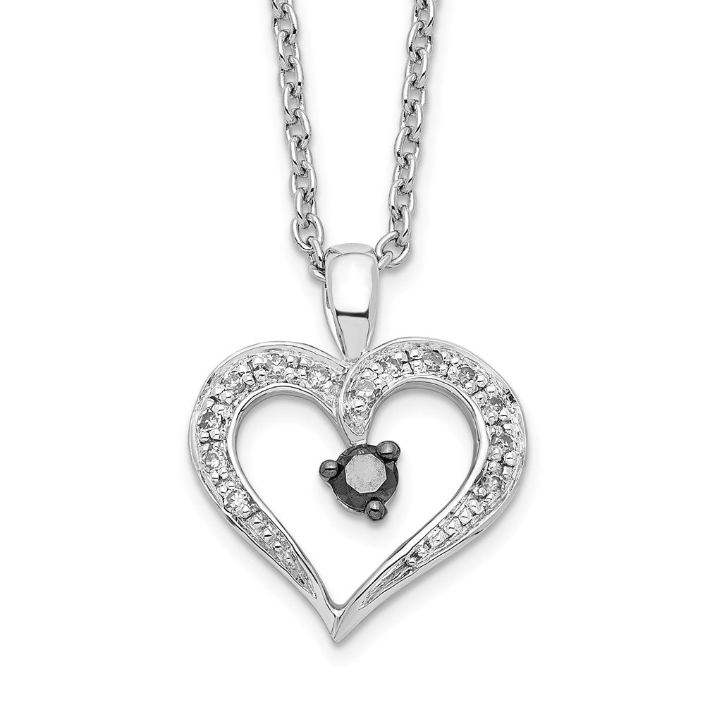 White Night Sterling Silver Rhodium-plated Black and White Diamond Heart 18 Inch Necklace with 2 Inch Extender QP2336