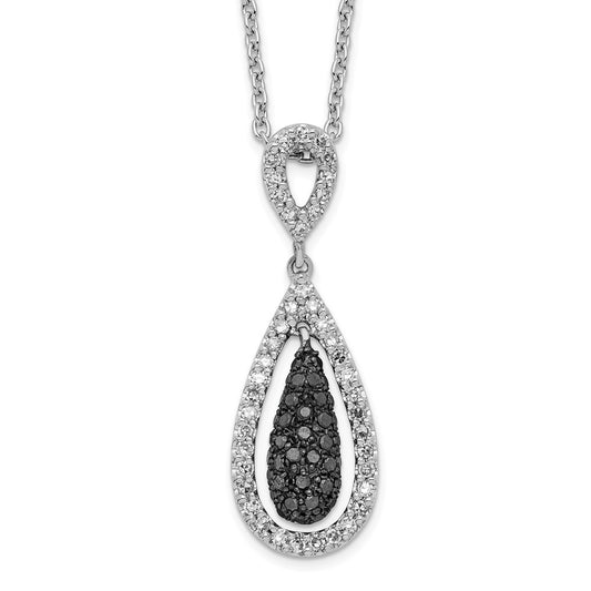 White Night Sterling Silver Rhodium-plated Black and White Diamond Double Teardrop 18 Inch Necklace with 2 Inch Extender QP2347