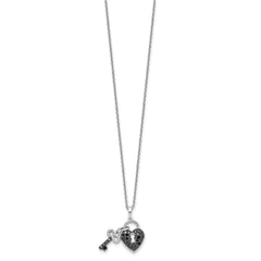 White Night Sterling Silver Rhodium-plated Black and White Diamond Heart and Key 18 Inch Necklace with 2 Inch Extender QP2361