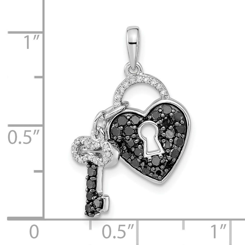 White Night Sterling Silver Rhodium-plated Black and White Diamond Heart and Key 18 Inch Necklace with 2 Inch Extender QP2361