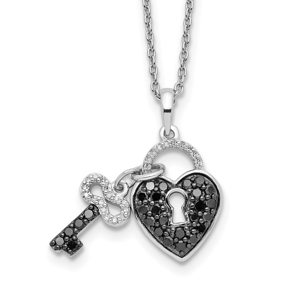 White Night Sterling Silver Rhodium-plated Black and White Diamond Heart and Key 18 Inch Necklace with 2 Inch Extender QP2361