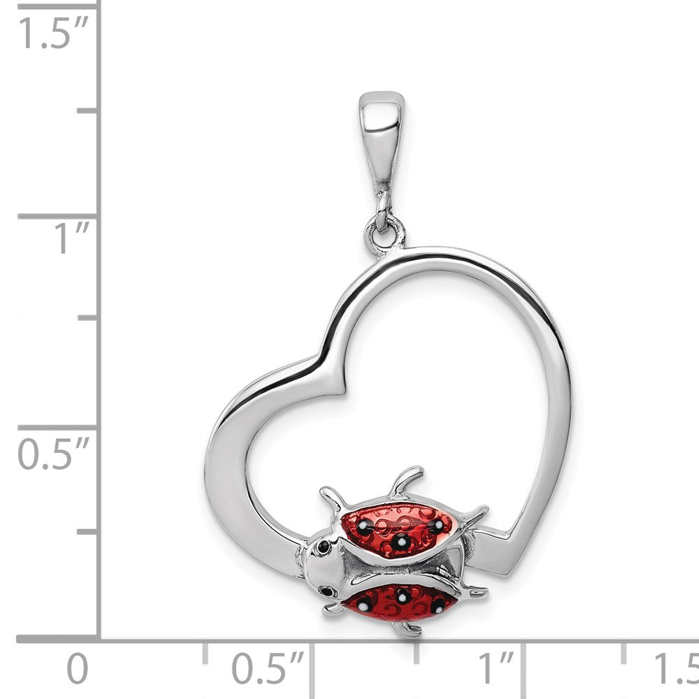 Sterling Silver Rhodium-plated Heart with Enameled Ladybug Pendant QP2412