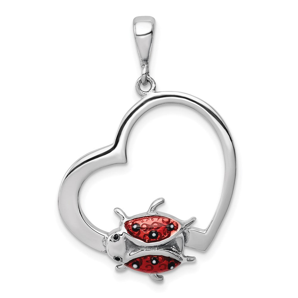 Sterling Silver Rhodium-plated Heart with Enameled Ladybug Pendant QP2412