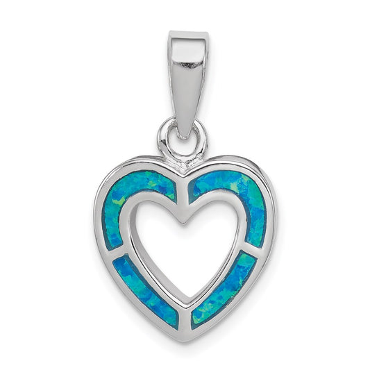 Sterling Silver Rhodium-plated Blue Inlay Created Opal Heart Pendant QP2744